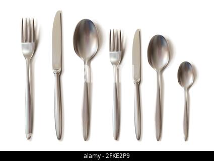 realistic cutlery set with table knife, spoon, fork, tea spoon and fish spoon. Stock Vector