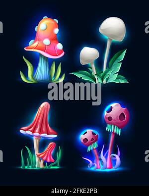 Collection of cartoon style magic fantasy mushrooms glowing in the dark, isolated on white background. For web, video games, user interface, design Stock Vector