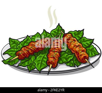Illustration of the traditional turkish kofta kebab with greens on the plate Stock Vector