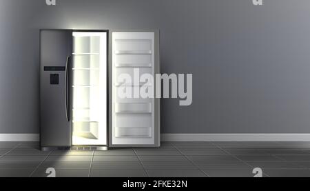 realistic vector open empty fridge with shelves in the room. Stock Vector