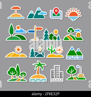 illustration of landscapes and nature stickers and tags set Stock Vector