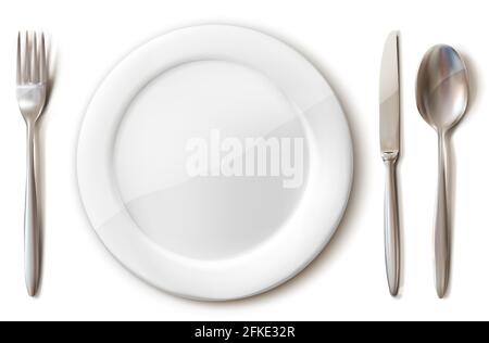 realistic cutlery set of white plate, fork, spoon and knife. Isolated on white background. Stock Vector