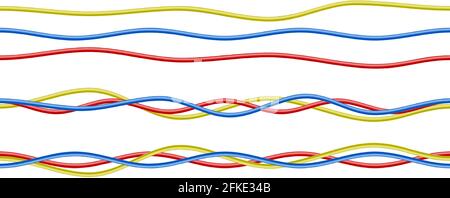 colorful realistic red, blue, yellow electricity cables. Isolated on white background. Stock Vector