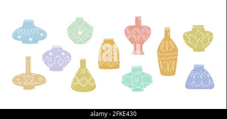 Ceramics vases set. Pottery vases collection in antique and modern style. Hand drawn vector illustration with colorful clay jars icons isolated on whi Stock Vector