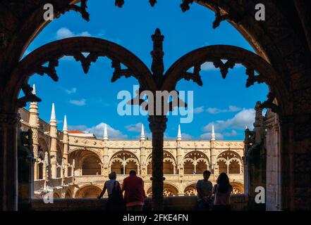 Lisbon, Portugal. The cloister of the Mosteiro dos Jeronimos, or the Monastery of the Hieronymites. The monastery is considered a triumph of Manueline Stock Photo