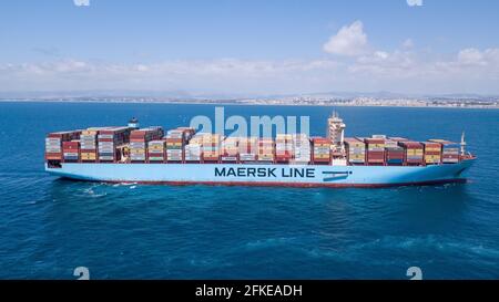 Maersk Hidalgo mega Container Ship. Ultra-large container vessel or ULCV fully loaded with freight Container. Stock Photo