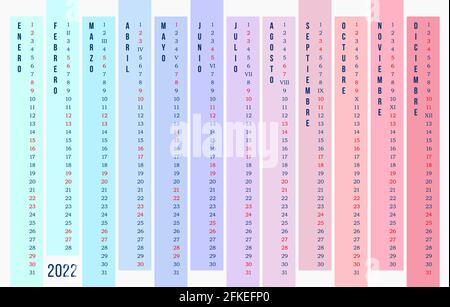 Calendar 2022 year in Spanish. New 2022 linear calendar template. 12 months vertically of different colors on dark blue background. Stock vector Stock Vector