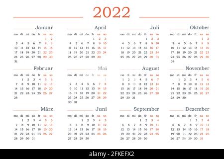 Simple 2022 year calendar, week starts on Monday Stock Vector Image