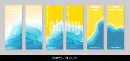 Watercolor sea background poster, card template. Summer beach vector print set. Eps 10 Stock Vector