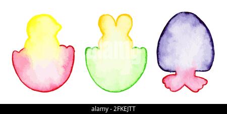 Watercolor easter symbols. Chick, bunny in egg shells isolated on white background. Vector eps 10 Stock Vector