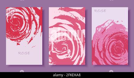 Set of card with flower rose in deep pink colors. Vector decorative floral design background. Eps 10 Stock Vector