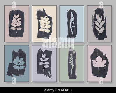 Floral set of watercolor minimal templates. Botanical abstract design elements with brush strokes. Natural style. Vector eps 10 Stock Vector