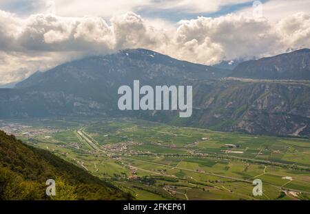Rotaliana Valley landscape from Corona Mount in Trentino Alto Adige, northern Italy, Europe. Corona Mount is a 1,035 meter high mountain in the Val di Stock Photo