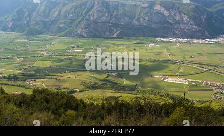 Rotaliana Valley landscape from Corona Mount in Trentino Alto Adige, northern Italy, Europe. Corona Mount is a 1,035 meter high mountain in the Val di Stock Photo