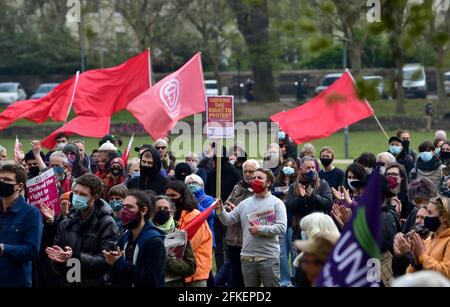 Brighton UK 1st May 2021 - Hundreds of Kill the Bill protesters in gather at The Level in Brighton today on International Workers Day as they demonstrate against the government's new Police, Crime, Sentencing and Courts bill. Demonstrations are taking place across the country on what is also known as Labour Day: Credit Simon Dack / Alamy Live News Stock Photo