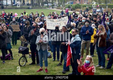 Brighton UK 1st May 2021 - Hundreds of Kill the Bill protesters in gather at The Level in Brighton today on International Workers Day as they demonstrate against the government's new Police, Crime, Sentencing and Courts bill. Demonstrations are taking place across the country on what is also known as Labour Day: Credit Simon Dack / Alamy Live News Stock Photo
