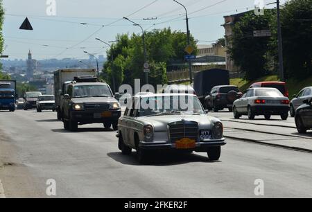 Report from the motor-rally of old-timers Paris-Peking, 2013, crossing Kharkiv, Ukraine Stock Photo