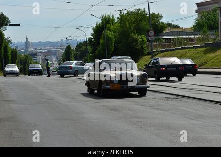 Report from the motor-rally of old-timers Paris-Peking, 2013, crossing Kharkiv, Ukraine Stock Photo