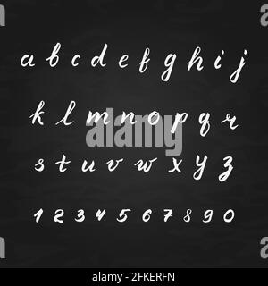 Hand written vector alphabet. Letters A-Z and numbers 0-9 on chalkboard background. Calligraphy font. Latin lowercase handwriting symbols. Education p Stock Vector
