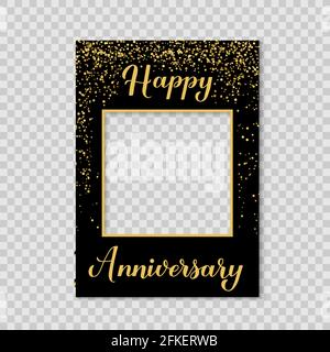 Happy Anniversary photo booth frame on a transparent background. Birthday or wedding anniversary party photobooth props. Black and gold confetti party Stock Vector