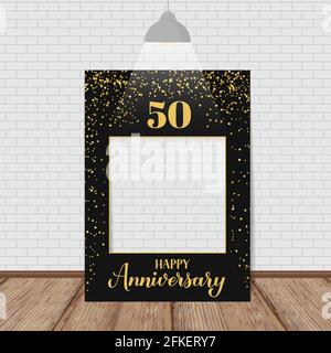Happy 50th Anniversary photo booth frame. Photobooth props. Black and gold confetti birthday or wedding anniversary party decorations. Vector template Stock Vector
