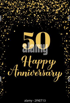 Happy 50th Anniversary handwritten celebration poster. Black and gold confetti birthday or wedding anniversary party decorations. Vector template for Stock Vector