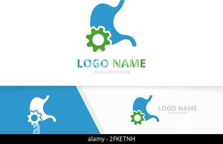 Vector stomach and gear logo combination. Unique industrial gastrointestinal tract logotype design template. Stock Vector