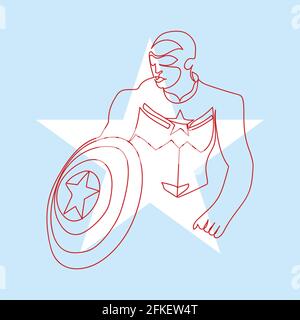 Figure one line drawing of superhero wielding a shield. Simple minimalist hand drawn illustration with star silhouette and light blue background. Stock Vector