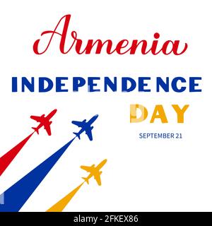 Armenia Independence Day calligraphy hand lettering with airplanes and air show. Armenian holiday celebrated on September 21. Vector template for typo Stock Vector