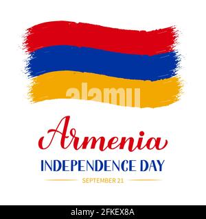 Armenia Independence Day calligraphy hand lettering with flag isolated on white. Armenian holiday celebrated on September 21. Vector template for typo Stock Vector