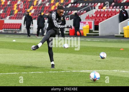 London, UK. 01st May, 2021. Ivan Toney of Brentford warms up during the EFL Sky Bet Championship match between Brentford and Watford at Brentford Community Stadium, London, England on 1 May 2021. Photo by Ken Sparks. Editorial use only, license required for commercial use. No use in betting, games or a single club/league/player publications. Credit: UK Sports Pics Ltd/Alamy Live News