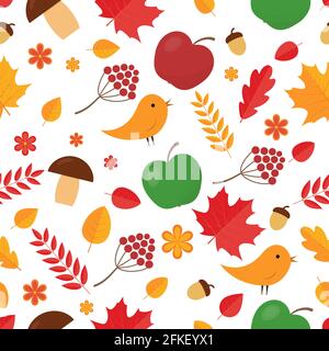 Autumn seamless pattern. Fall leaves, flowers, berries, acorns, birds, mushrooms, apples, isolated on white. Vector background for fabric, textile, ba Stock Vector