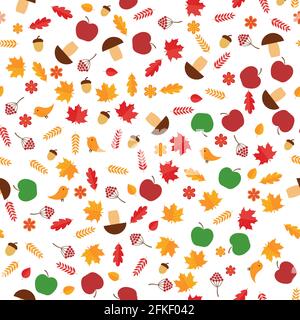 Autumn seamless pattern. Fall leaves, flowers, berries, mushrooms, acorns, birds, apples, isolated on white. Vector background for fabric, textile, ba Stock Vector
