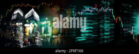 blur green blue city light and index number and graph of stock market business abstract banner background Stock Photo