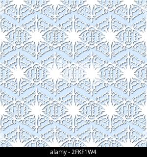 White snowflakes on pale blue background, damask ornament seamless pattern. Paper cut style with drop shadows and highlights. Stock Photo