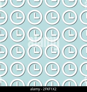White clock face, dial on pale blue, turquoise background, seamless pattern. Paper cut style with drop shadows and highligts. Vector illustration. Stock Vector