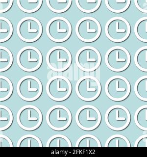 White clock face, dial on pale blue, turquoise background, seamless pattern. Paper cut style with drop shadows and highligts. Vector illustration. Stock Vector