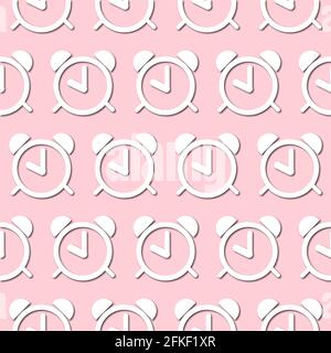 White clock face, dial, alarm on pale pink background, seamless pattern. Paper cut style with drop shadows and highligts. Vector illustration. Stock Vector