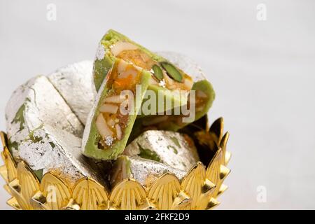 Delicious Kaju Diamond Barfi Or Burfi Made Of Dry Fruits Like Badam Almonds Kaaju Mava Powdered Cashew Nuts Pista Kesar Doodh Condensed Milk Ghee And Stock Photo