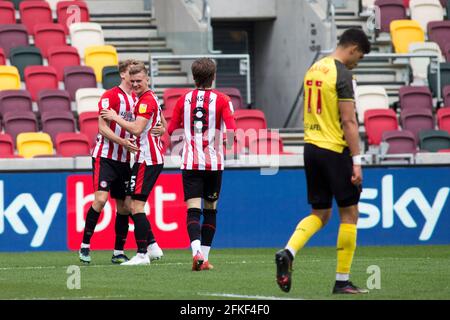 LONDON, UK. MAY 1ST Marcus Forss of Brentford celebrates after scoring during the Sky Bet Championship match between Brentford and Watford at the Brentford Community Stadium, Brentford on Saturday 1st May 2021. (Credit: Federico Maranesi | MI News) Credit: MI News & Sport /Alamy Live News Stock Photo