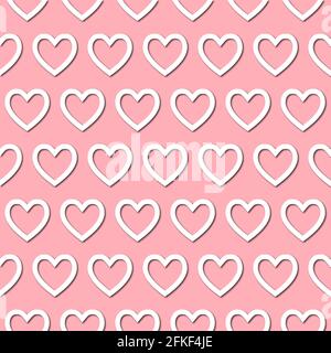 White heart icon on pale pink background, seamless pattern. Paper cut style with drop shadows and highligts. Vector illustration. Stock Vector