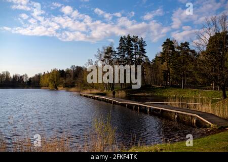 The river in the park. Footbridge on the river. Crooked wooden pathway on river shore, beautiful cloudy sky Stock Photo