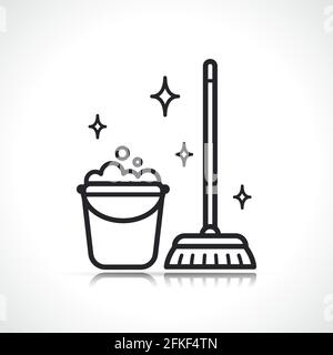 cleaning broom and bucket icon flat line Stock Vector