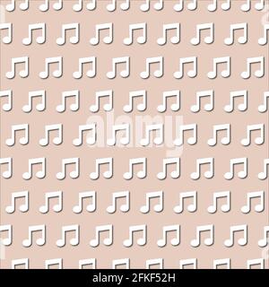 White musical note on pale beige, coffee color background, seamless pattern. Paper cut style with drop shadows and highligts. Vector illustration. Stock Vector