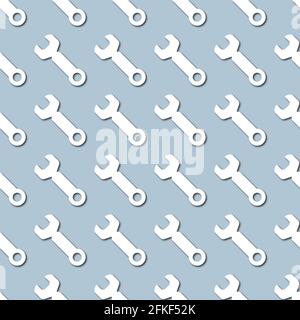 White wrench icon, tools on pale blue background, seamless pattern. Paper cut style with drop shadows and highligts. Vector illustration. Stock Vector