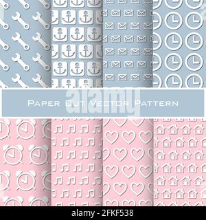 Set of paper cut seamless patterns with white icons of wrench, anchor, envelope, mail, alarm face clock, musical notes, hearts and houses on pale blue Stock Vector