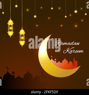 Happy Eid Mubarak festive greeting card with moon and stars. Golden shiny background with lantern and mosque for brochure, flyer, poster, website. Stock Vector