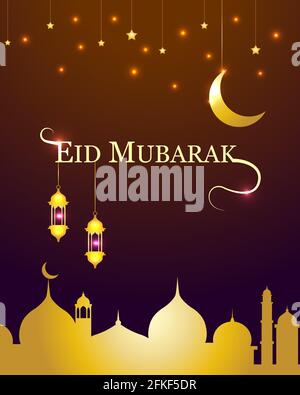 Happy Eid Mubarak festive greeting card with moon and stars. Golden shiny background with lantern and mosque for brochure, flyer, poster, website. Stock Vector