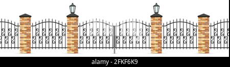 Wrought iron fence panels and gates. Brick posts and street lights. Spear fence bars and curved figures. 3D realistic vector illustration isolated on Stock Vector