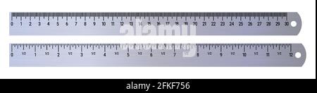 Realistic metal rulers 30 centimeters and 12 inches. 3D realistic vector illustration isolated on white background. Stock Vector